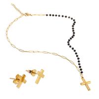 Fashion Stainless Steel Jewelry Sets, Stud Earring & necklace, with Crystal, with 1.97inch extender chain, Cross, gold color plated, for woman, 12*10*7mm,23*16*4mm Approx 17.72 Inch 