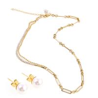 Fashion Stainless Steel Jewelry Sets, Stud Earring & necklace, with Plastic Pearl, with 1.97inch extender chain, gold color plated, for woman, 20*8*8mm,13*9*9mm Approx 17.72 Inch 