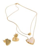 Fashion Stainless Steel Jewelry Sets, Stud Earring & necklace, with Plastic Pearl, Heart, gold color plated, for woman, 13*10*10mm,27*30*6mm Approx 17.72 Inch 