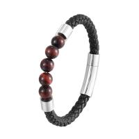 Cowhide Bracelets, with Red Tiger Eye Stone & Titanium Steel, plated, Unisex Approx 8.27 Inch 