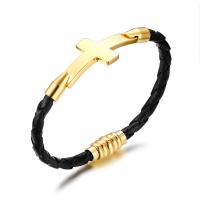 PU Leather Cord Bracelets, Titanium Steel, with PU Leather, Cross, gold color plated, polished & for woman, 5mm Approx 7.91 Inch 