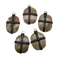 Unakite Pendants, Brass, with PU Leather & Unakite, mixed colors 