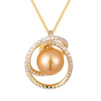 Natural Akoya Cultured Pearl Necklace, Akoya Cultured Pearls, with 925 Sterling Silver, gold color plated, micro pave cubic zirconia & for woman, golden, 11-12mm Approx 15.75 Inch 