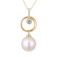 Natural Akoya Cultured Pearl Necklace, Akoya Cultured Pearls, with 925 Sterling Silver, Round, gold color plated, micro pave cubic zirconia & for woman, white, 11-12mm Approx 15.75 Inch 