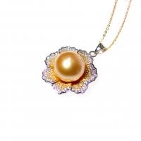 Natural Akoya Cultured Pearl Necklace, Akoya Cultured Pearls, with 925 Sterling Silver, Flower, micro pave cubic zirconia & for woman, golden, 13-14mm Approx 15.75 Inch 