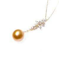 Natural Akoya Cultured Pearl Necklace, Akoya Cultured Pearls, with 925 Sterling Silver, Round, micro pave cubic zirconia & for woman, golden, 12-13mm Approx 15.75 Inch 