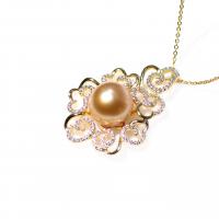 Natural Akoya Cultured Pearl Necklace, Akoya Cultured Pearls, with 925 Sterling Silver, Flower, micro pave cubic zirconia & for woman, golden, 11-12mm Approx 15.75 Inch 