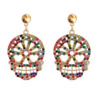 Zinc Alloy Rhinestone Drop Earring, Skull, gold color plated, for woman & with rhinestone & hollow 