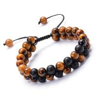 Gemstone Woven Ball Bracelets, Tiger Eye, with Abrazine Stone, handmade, Double Layer & Unisex, 8mm Approx 7.5-11.8 Inch 
