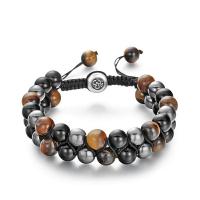 Gemstone Woven Ball Bracelets, Black Agate, with Black Magnetic Stone & Tiger Eye, handmade, Double Layer & Unisex, 8mm Approx 7.5-11.5 Inch 