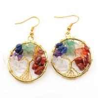 Gemstone Drop Earring, Natural Gravel, with Brass, handmade, tree of life design & for woman, mixed colors 
