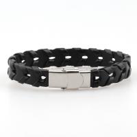 PU Leather Cord Bracelets, stainless steel interlock buckle, silver color plated, fashion jewelry & woven pattern, black cm 