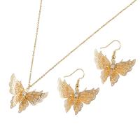 Brass Jewelry Set, earring & necklace, brass earring hook, with 1.97Inch extender chain, Butterfly, for woman & with rhinestone, golden  Approx 14.96 Inch 