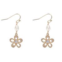 Freshwater Pearl Brass Earring, with Freshwater Pearl, Flower, real gold plated, micro pave cubic zirconia & for woman 