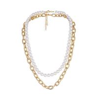 Aluminum Alloy Necklace, with ABS Plastic Pearl, with 1.97Inch extender chain, gold color plated, Double Layer & for man Approx 23.62 Inch, Approx 20.47 Inch 