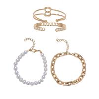 Iron Bracelet Set, bangle & bracelet, with ABS Plastic Pearl, with 1.97Inch extender chain, gold color plated, for woman, mixed colors, Inner Approx 63,61mm Approx 7.09 Inch, Approx 7.48 Inch, Approx 