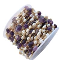 Brass Beading Chains, Amethyst, with Freshwater Pearl & Brass, gold color plated, DIY, mixed colors 4-5mm .69 Inch 