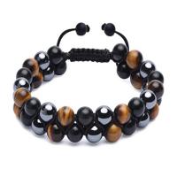 Tiger Eye Stone Bracelets, with Obsidian & Taiwan Thread & Hematite, Round, Double Layer & Unisex, 8mm Approx 5.9-8 Inch 