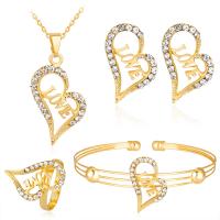 Rhinestone en alliage de zinc bijoux , Boucle d’oreille stud & bracelet & bague, anneau & collier, Placage de couleur d'or, 4 pièces & pour femme & avec strass, Vendu par fixé