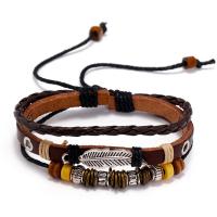 Cowhide Bracelets, Full Grain Cowhide Leather, with Wax Cord & Wood & Zinc Alloy, handmade, Adjustable & Unisex Approx 6.69 Inch 