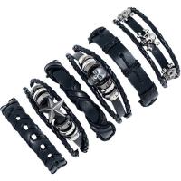 Cowhide Bracelets, with PU Leather & Wax Cord & Copper Coated Plastic & Zinc Alloy, handmade, 6 pieces & Unisex, black Approx 17-18 cm 