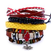 Cowhide Bracelets, with Linen & Wood & Copper Coated Plastic & Zinc Alloy, handmade, 4 pieces & Unisex Approx 17-18 cm 