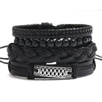 Cowhide Bracelets, with Linen & PU Leather & Wax Cord & Wood & Zinc Alloy, handmade, 4 pieces & Unisex, black Approx 17-18 cm 