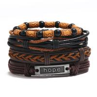Cowhide Bracelets, with Linen & PU Leather & Wax Cord & Wood & Zinc Alloy, handmade, 4 pieces & Unisex Approx 17-18 cm 