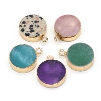 Gemstone Brass Pendants, Natural Stone, with Brass, Flat Round, gold color plated & Unisex 