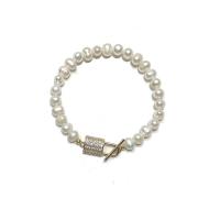 Cultured Freshwater Pearl Brass Bracelet, with Brass, gold color plated, fashion jewelry & micro pave cubic zirconia, white .69 Inch 