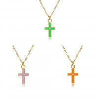 Brass Cubic Zirconia Necklace, with 1.97 extender chain, Cross, high quality plated, fashion jewelry & for woman & enamel & with cubic zirconia .75 Inch 