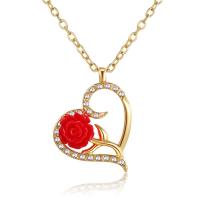Resin Zinc Alloy Necklace, with Resin, with 1.97 extender chain, Rose, plated, fashion jewelry & micro pave cubic zirconia & for woman, red .75 Inch 