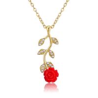 Resin Zinc Alloy Necklace, with Resin, Rose, fashion jewelry & micro pave cubic zirconia & for woman, red .75 Inch 