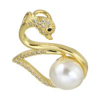 Cubic Zirconia Micro Pave Brass Pendant, with Plastic Pearl, Swan, gold color plated, micro pave cubic zirconia Approx 2mm 