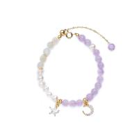 Gemstone Bracelets, Amethyst, with Moonstone & Freshwater Pearl, gold color plated, for woman, purple Approx 5.51 Inch 