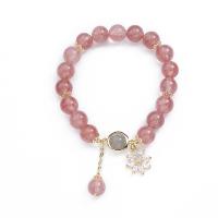 Strawberry Quartz Bracelet, with Moonstone & zinc alloy bead, gold color plated, micro pave cubic zirconia & for woman, pink Approx 5.51 Inch 