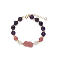 Gemstone Bracelets, Strawberry Quartz, with Moonstone & zinc alloy bead & Amethyst, gold color plated, micro pave cubic zirconia & for woman, two different colored Approx 5.51 Inch 