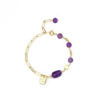 Quartz Bracelets, Brass, with Amethyst, gold color plated, for woman, purple Approx 5.9 Inch 