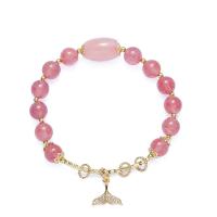 Strawberry Quartz Bracelet, with Zinc Alloy, gold color plated, for woman & with rhinestone, pink Approx 5.51 Inch 