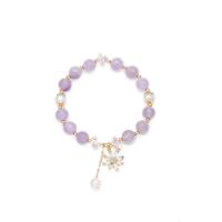 Amethyst Bracelet, with Freshwater Pearl & Brass, gold color plated, for woman, purple Approx 5.51 Inch 