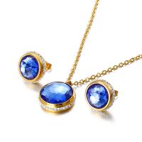 Titanium Steel Jewelry Set, Stud Earring & necklace, with Glass, Round, gold color plated, micro pave cubic zirconia & for woman & faceted 16mm,18mm Approx 17.72 Inch 