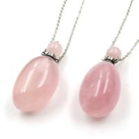 Rose Quartz Perfume Bottle Necklace, with Iron, Oval, silver color plated, for woman, pink Approx 19.69 Inch 