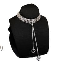 Rhinestone Brass Necklace, with 5.9inch extender chain, Heart, silver color plated, for woman & with rhinestone & hollow, 115-150mm, 18mm Approx 11.8 Inch 