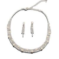 Messing Schmuck Set, Ohrring & Halskette, mit Kunststoff Perlen, mit Verlängerungskettchen von 3.9inch, silberfarben plattiert, 2 Stück & für Frau & mit Strass, 43x7mm, Länge:ca. 13.7 ZollInch, verkauft von setzen