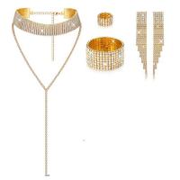 Brass Jewelry Set, finger ring & bracelet & earring & necklace, plated, 4 pieces & for woman & with rhinestone   