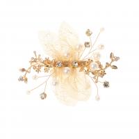 Alligator Hair Clip, Zinc Alloy, with Gauze & Plastic Pearl, gold color plated, with rhinestone, golden 