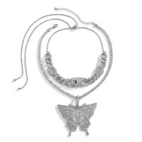 Rhinestone Zinc Alloy Necklace, Butterfly, platinum color plated, 2 pieces & for woman & with rhinestone 80cm,35cm 