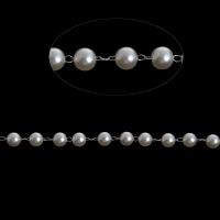 Cadena Bola de Metal, con Perlas plásticas, cadena de la bola, Blanco, 7x7x7mm, longitud:1 m, Vendido por m