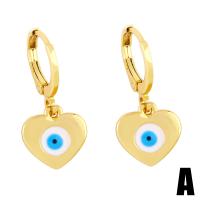 Huggie Hoop Drop Earring, Brass, gold color plated, evil eye pattern & enamel, golden  