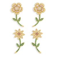 Cubic Zirconia Micro Pave Brass Earring, Flower, gold color plated & micro pave cubic zirconia, golden  
